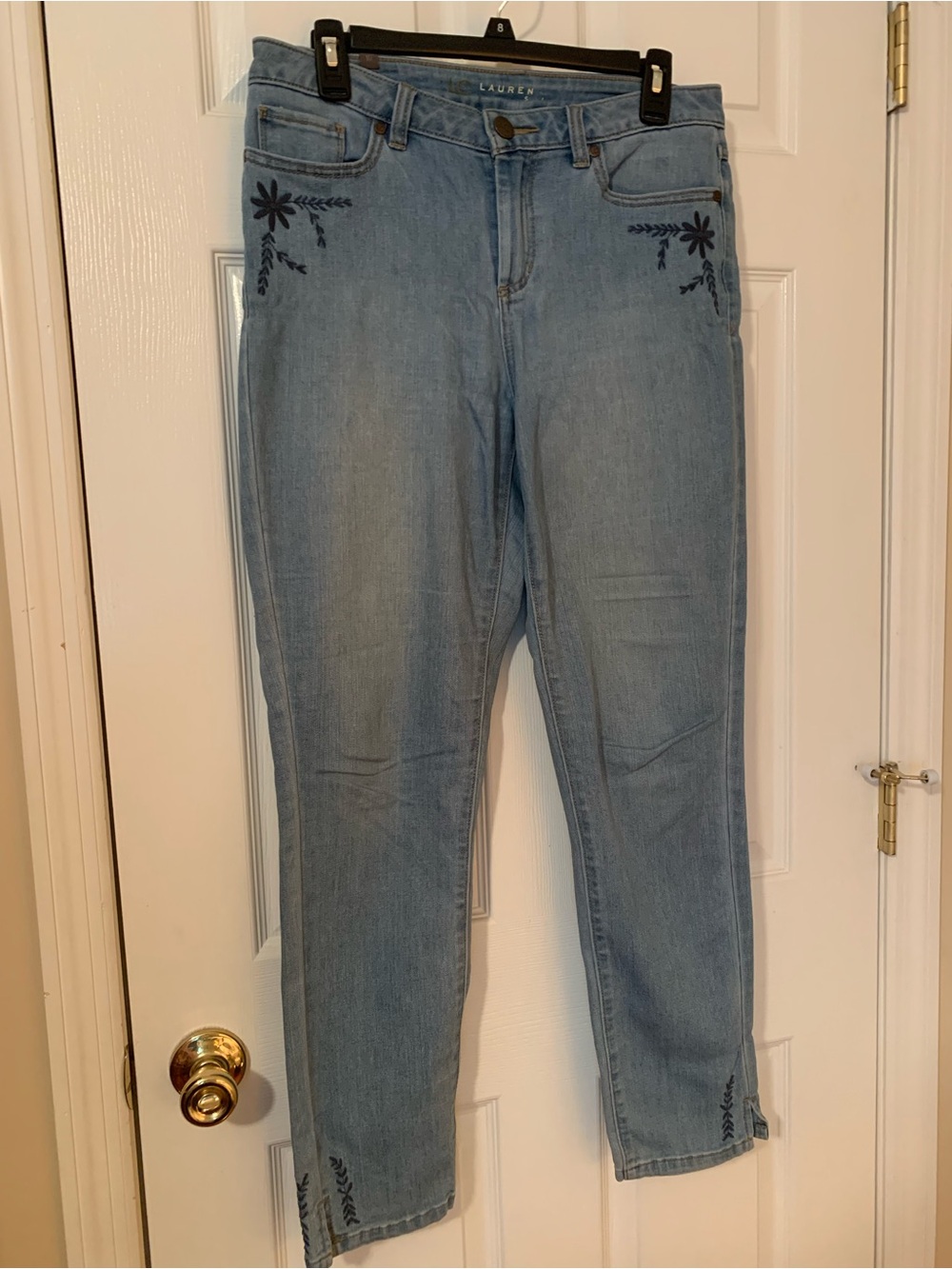LC Lauren Conrad Light Blue Straight-Leg Jeans with Navy Floral Embroidery